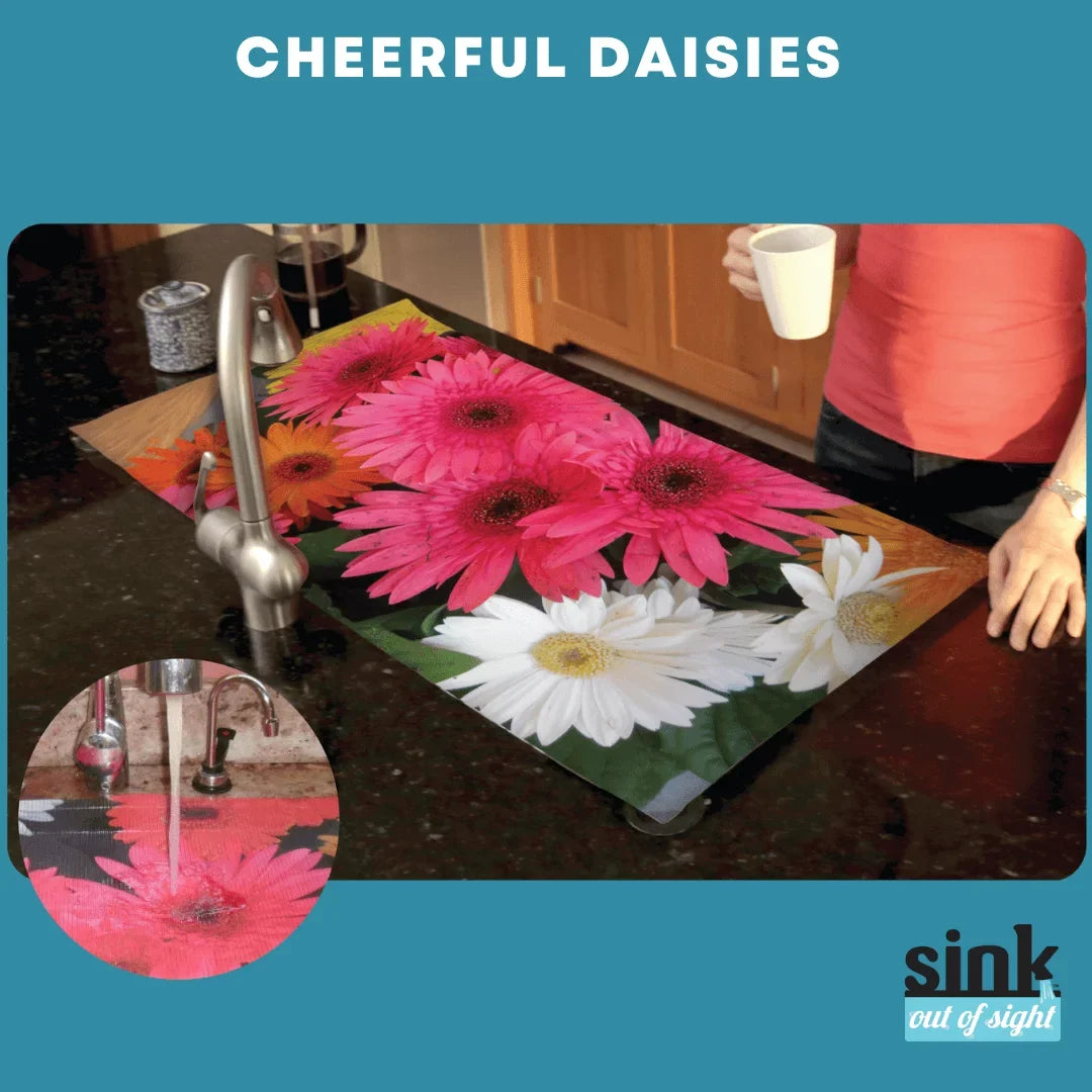 Sink Out of Sight- Home Décor Kitchen Sink Cover, Hot/Cold Liquids and Debris Pass Through Cover, 2 Adjustable Sizes. Design: Cheerful Daisies Size: Double Sink 39.5" x 20" -