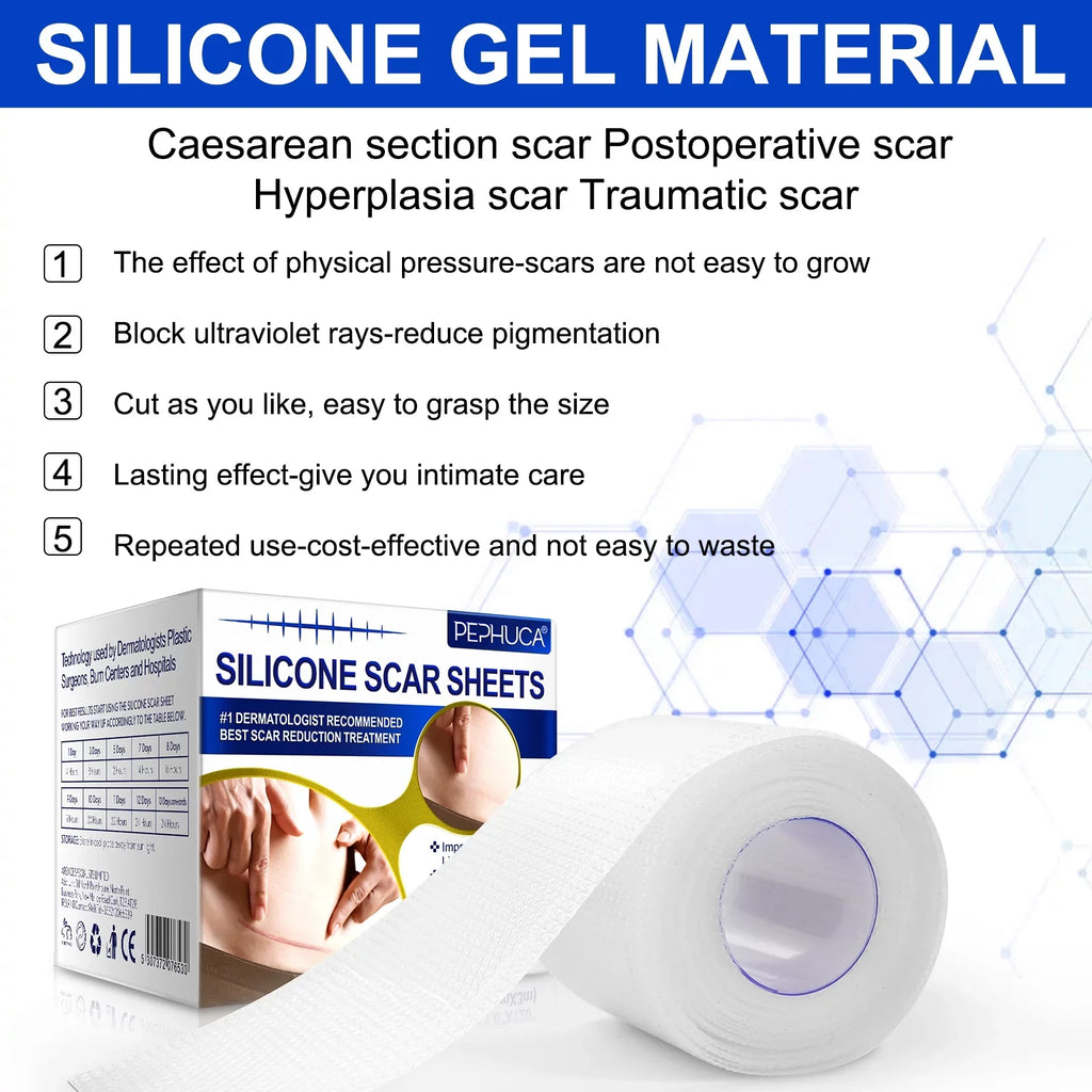 Pephuca Medical Grade Silicone Scar Sheets,Reusable and Breathable Silicone Gel Tape for Scar Removal,120inch x 1.6inch Roll Reusable 6 Months Supply,Transparent - 2 Pack