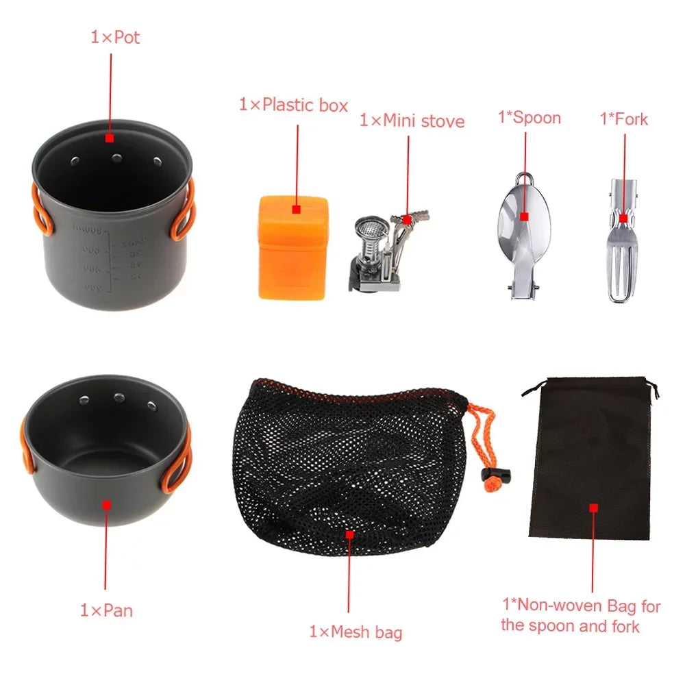Lixada Camping Cookware Hiking Cooking Set with Piezoelectric Ignition Stove Backpacking Picnic Pot Fork Spoon