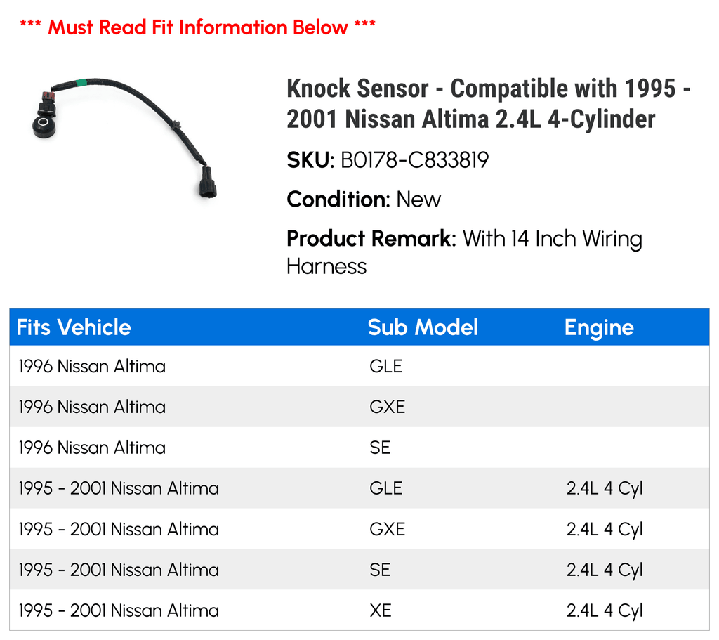 Knock Sensor - Compatible with 1995 - 2001 Nissan Altima 2.4L 4-Cylinder 1996 1997 1998 1999 2000