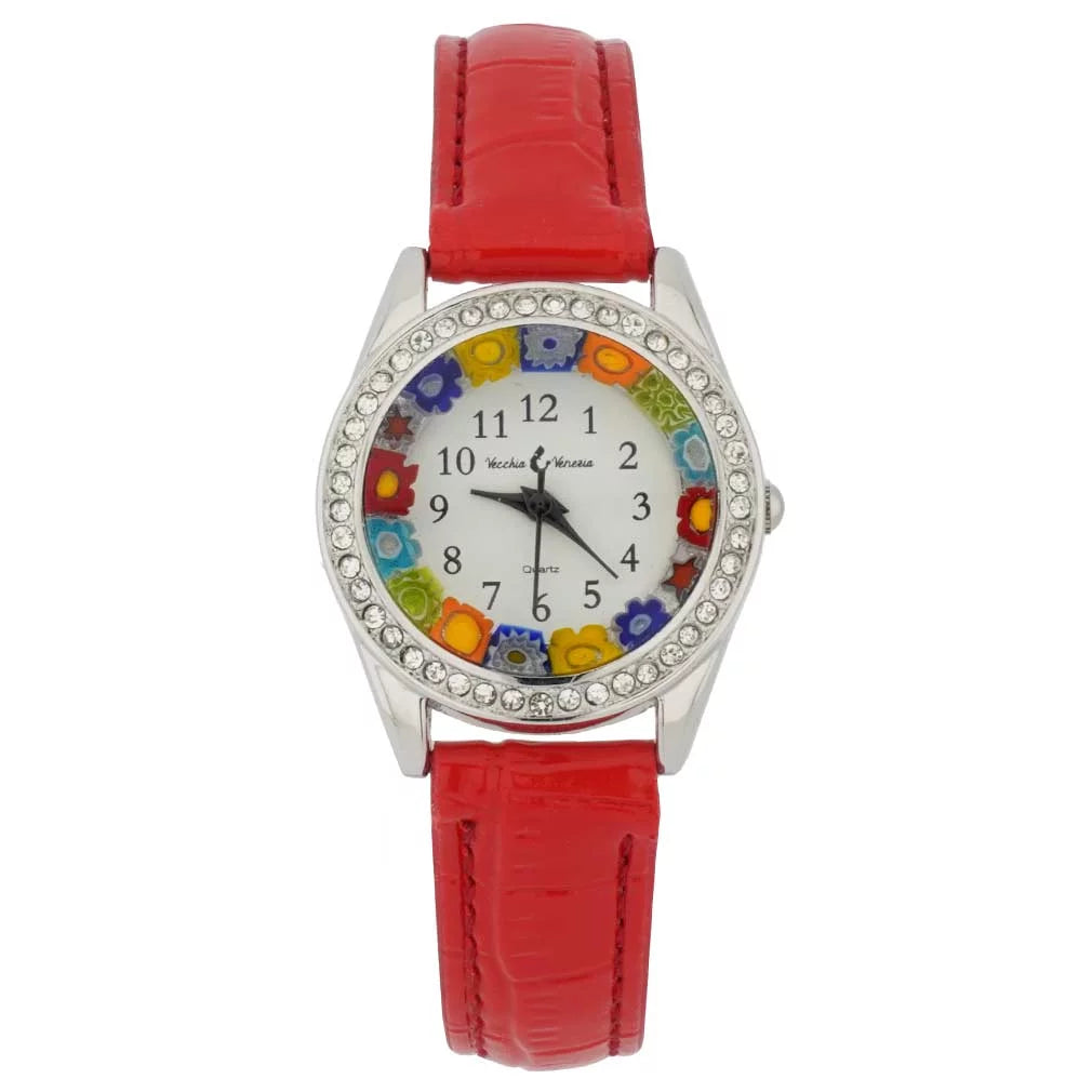 GlassOfVenice Murano Glass Watch Millefiori And Crystals With Leather Band - Red