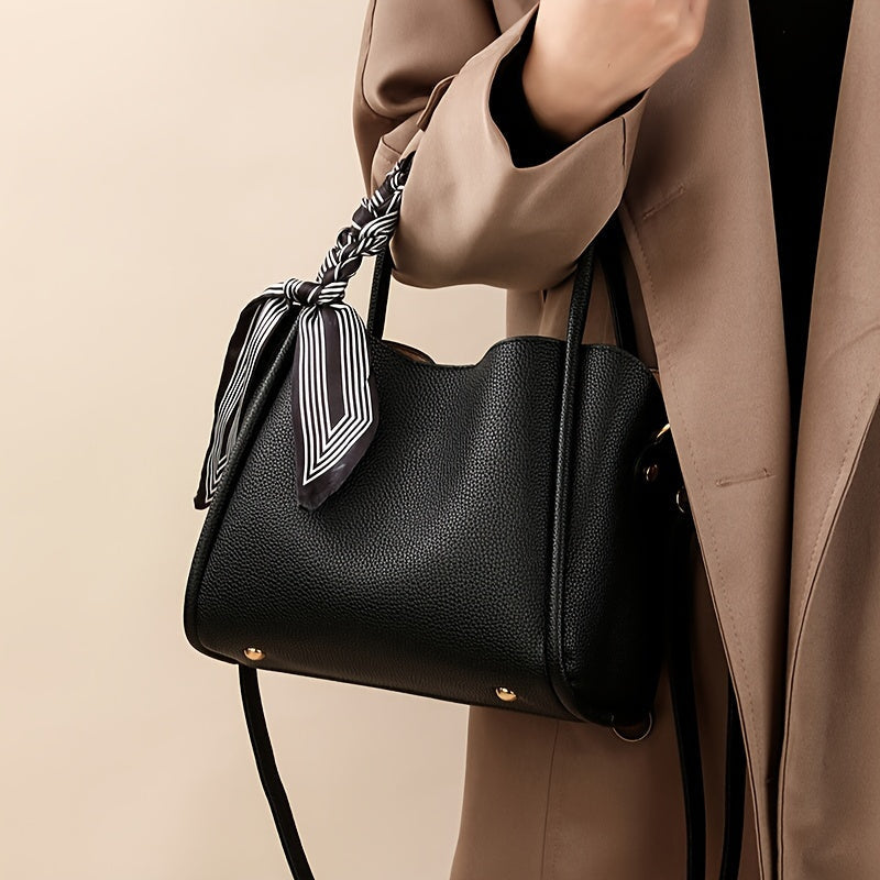 moocr Handbag With Scarf Accent   Leather  Elegant Shoulder Bag With Dual Handles For Daily Use  Luxury Solid Color Crossbody Purse
