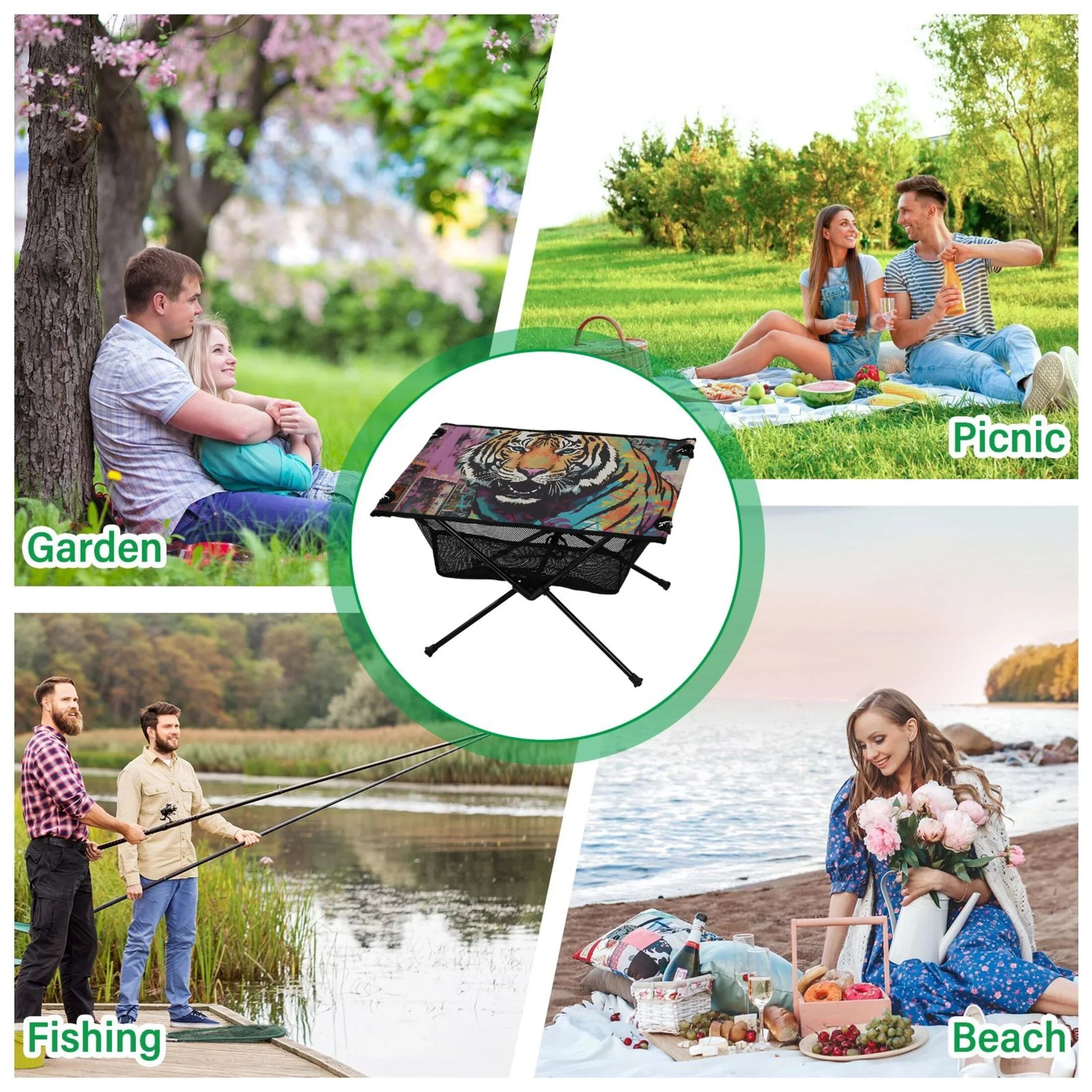 Tiger Abstract Camping Foldable Portable Table Beach Table with Storage Bag Compact Picnic Table for Outdoor Hiking Fishing