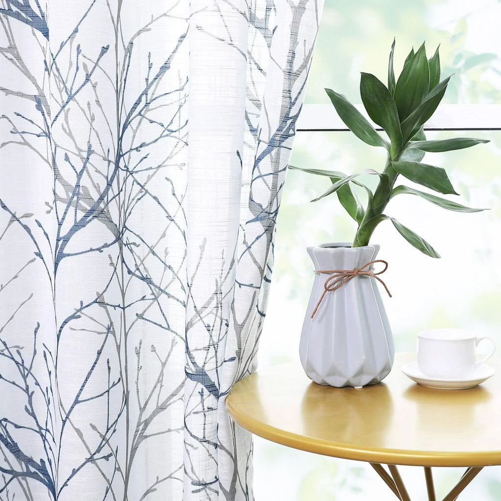 Decoultimatex White Sheer Curtain for Living Room Blue Gray Tree Branches Print Window Curtain Panels Set Linen Textured Semi Sheer Drapes for Bedroom, Grommet, 52"x84"x2