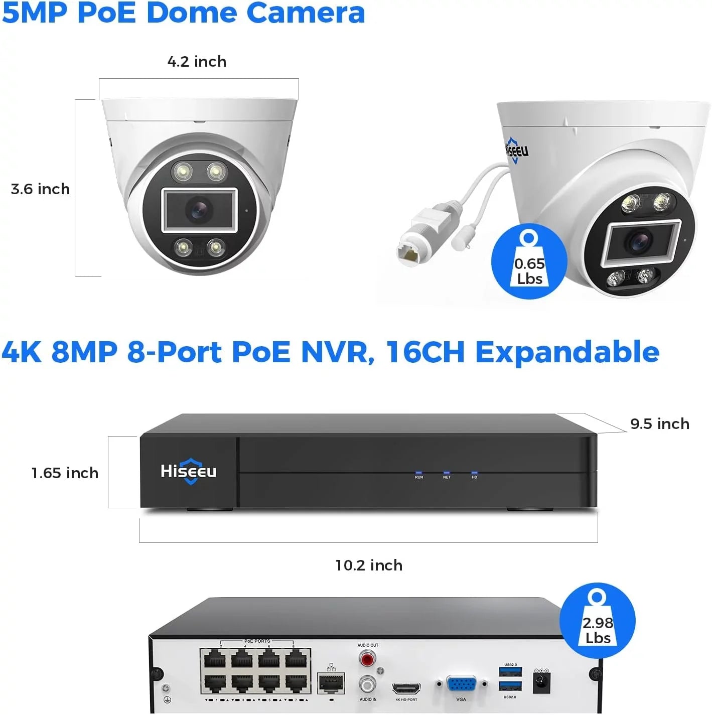 Hiseeu [2 Way Audio] 5MP  PoE Security Camera, Security Camera Outdoor&Indoor,  Waterproof, Night Vision, Human/Vehicle Detect Compatible PoE Security Camera System for 24/7 Record