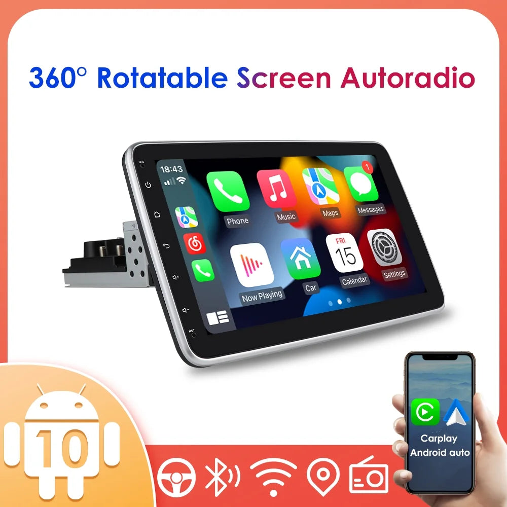 Hizpo Single 1  Rotatable 10.1'' Android 10 Touch Screen With Apple Carplay& Android Auto Car Stereo Radio  Navigation Wifi Bluetooth
