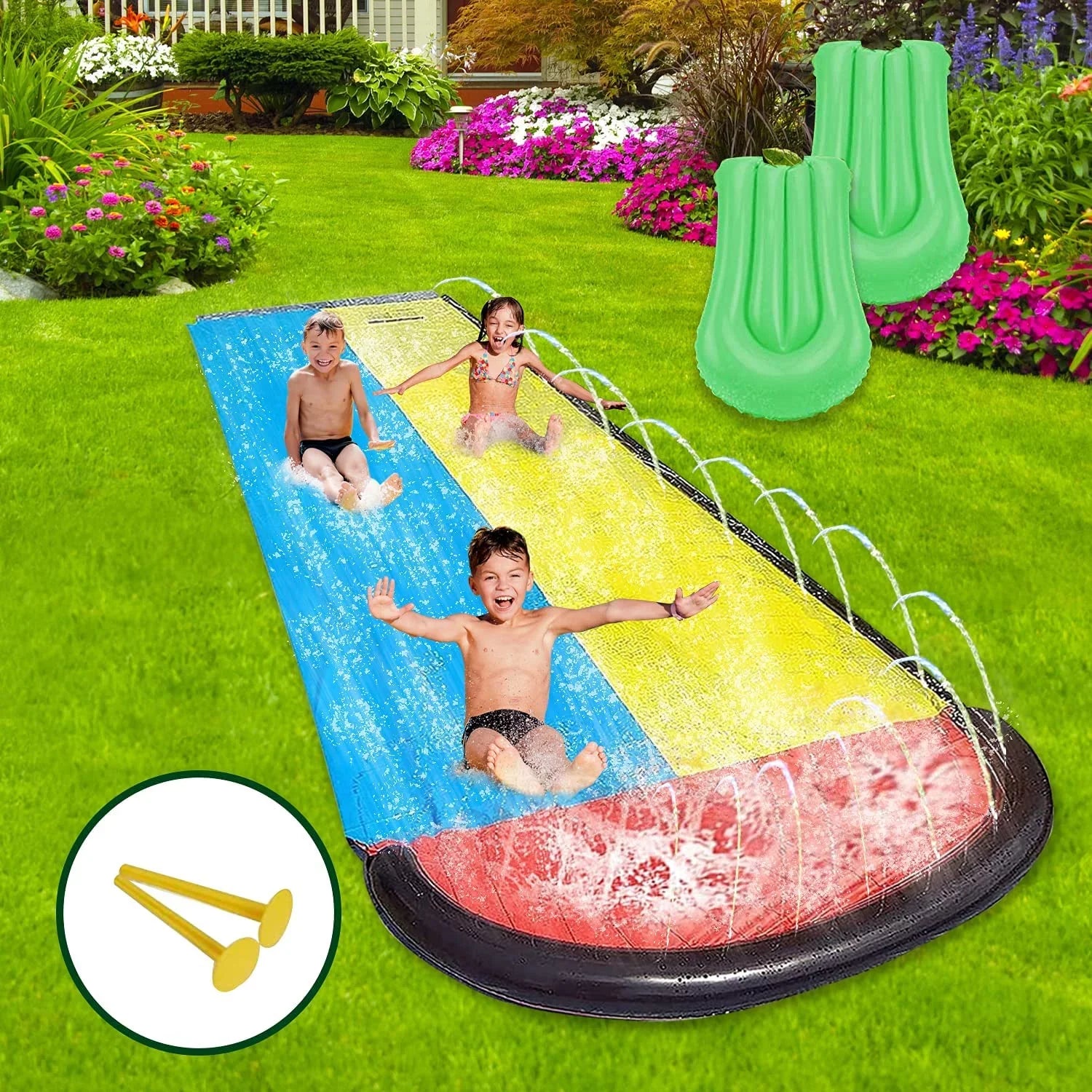 Sancty 15.5ft Double Race Water Slides Sprinkler for Children Backyard Game