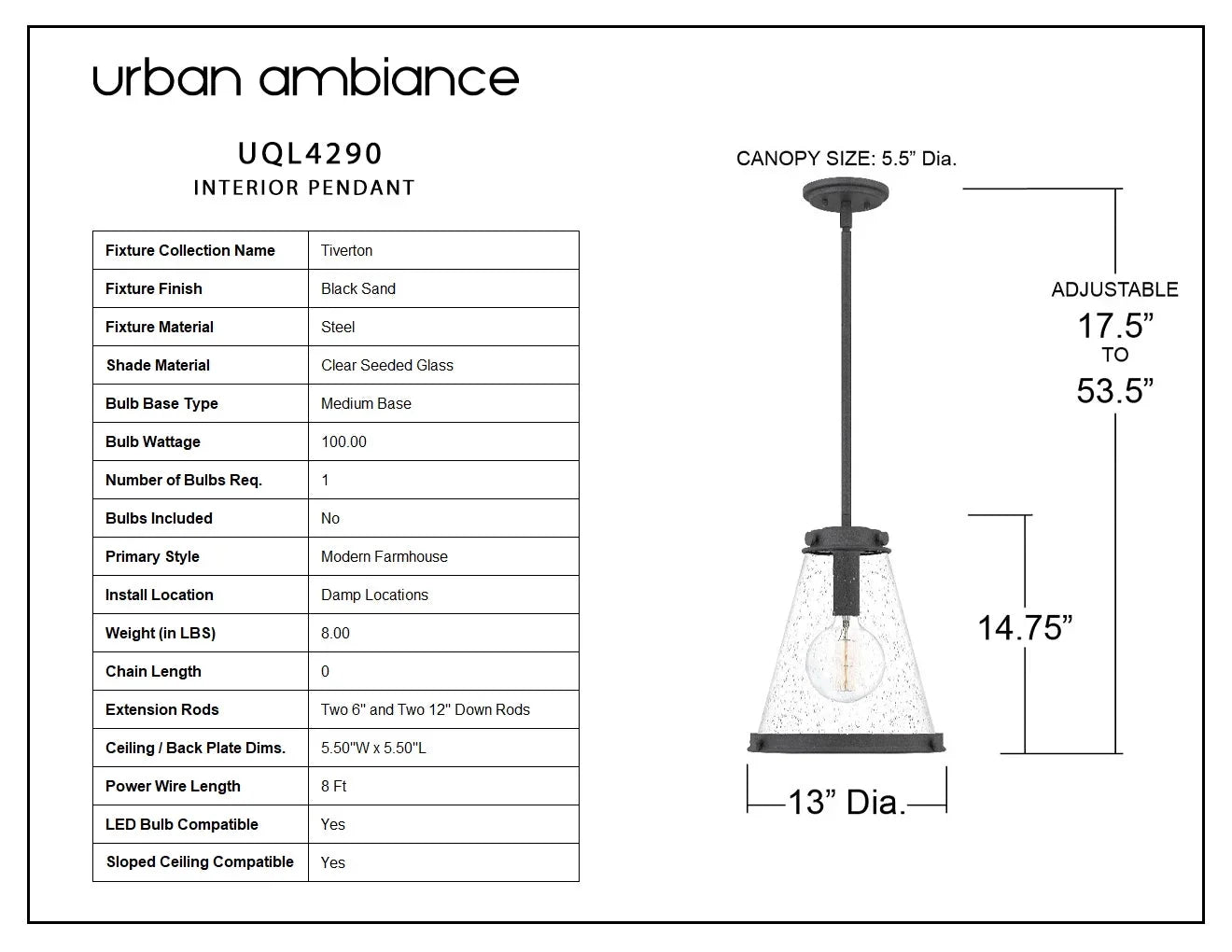 Luxury Modern Farmhouse Indoor Pendant, 14.75'' x 13.00'', with Casual Style Elements, Transitional Design, Black Sand Finish and Clear Seeded Glass,