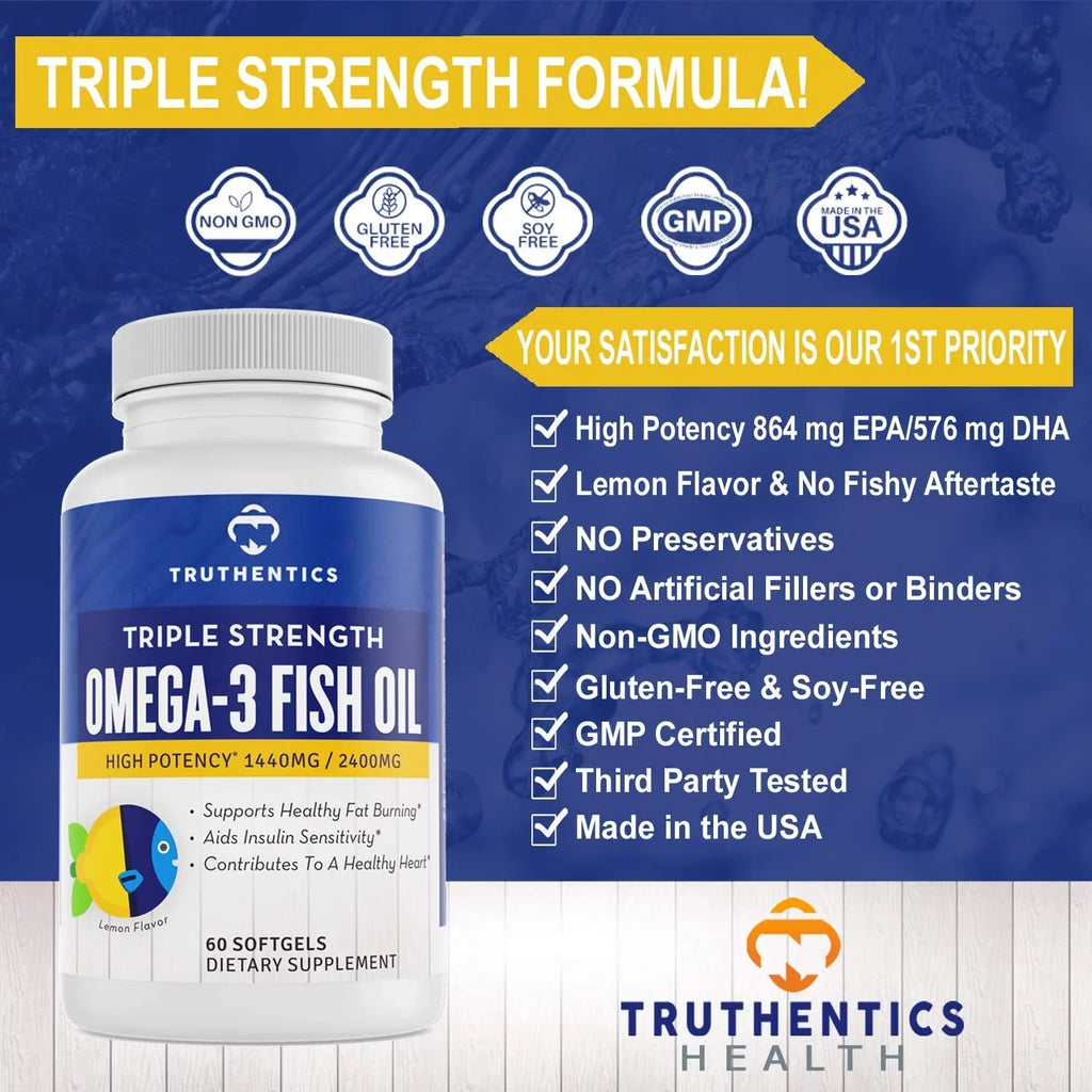 Truthentics Omega 3 Fish Oil 2400 mg (2 Pack) - 100% Pure Sea-Harvested Triple Strength Fish Oil - High   Omega 3 Fatty Acids - Lemon Flavor - 120 Burpless Softgels