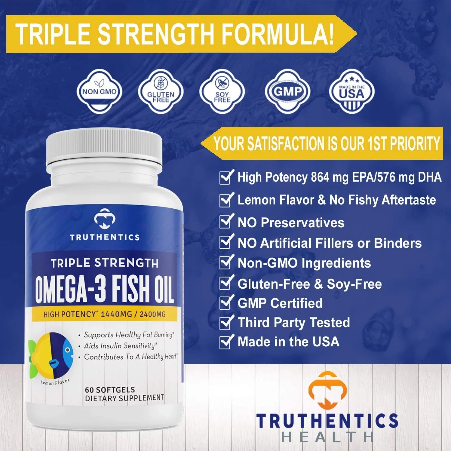 Truthentics Omega 3 Fish Oil 2400 mg (2 Pack) - 100% Pure Sea-Harvested Triple Strength Fish Oil - High   Omega 3 Fatty Acids - Lemon Flavor - 120 Burpless Softgels