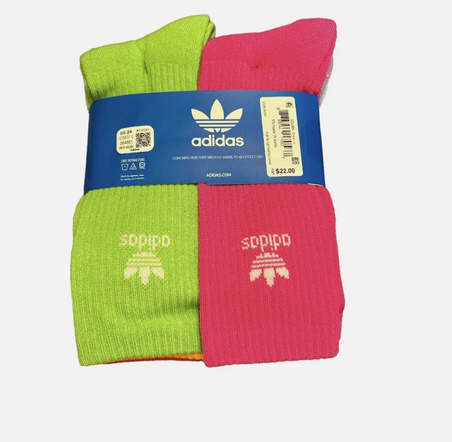 Adidas Originals Youth Trefoil Crew Socks, Multi-colored, 6 Pack, Large