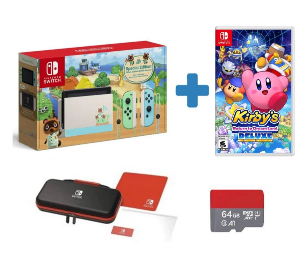 New Nintendo Switch Animal Crossing Limited Edition Console  - Bundle with Kirby's Return to Dreamland: Deluxe Edition + Switch Carrying Case + 64GB MicroSD Card