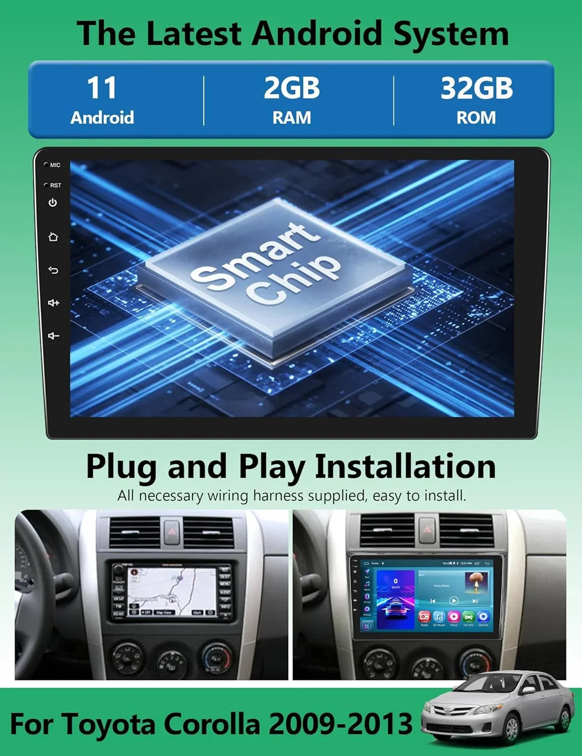 Android Car Stereo for Toyota Corolla 2009 2010 2011 2012 2013 with Wireless Carplay Android Auto,  9” Touch Screen 2G+32G Car Radio with Backup Camera, Navigation,Bluetooth,,WiFi,/