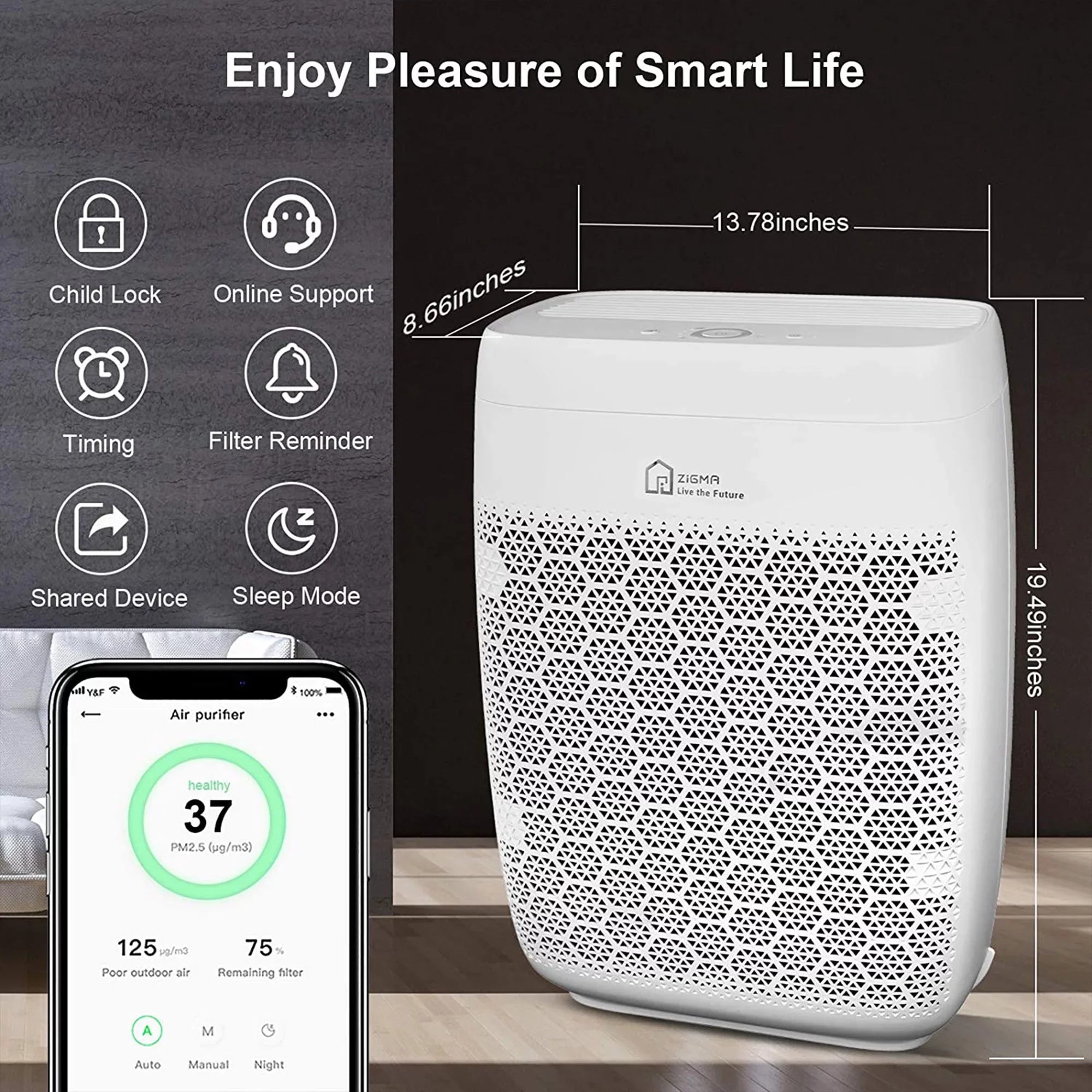 Zigma Aerio-300 1580 Sq Ft Smart 5-in1  Air Purifier for Home, White