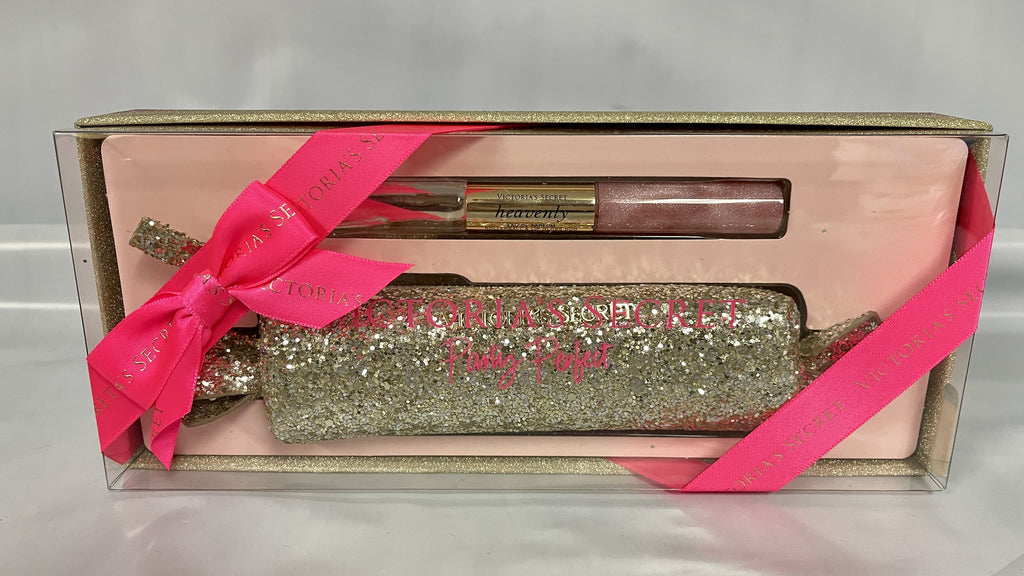 Victoria's Secret Heavenly Rollerball Lip Gloss Duo Eau De Parfum & Glitter Bag Party Set Gold Sparkle Bag Perfume