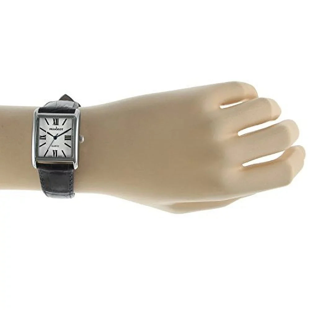 peugeot women's silver tank roman numeral blue leather band watch 3036bl