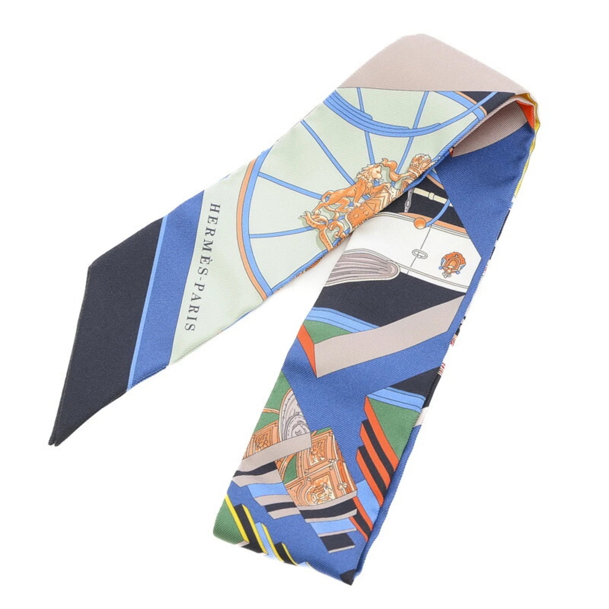 Pre-Owned Hermes Twilly Scarf Spring Baguette Marine/Vert/Jaune 100% Silk (Like New)