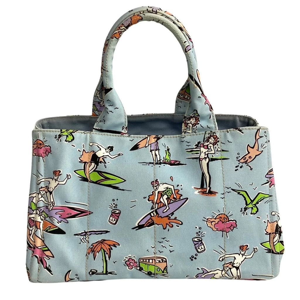 Pre-Owned  Prada Triangle Canapa Surfing Pattern Canvas Handbag Tote Bag Blue Multicolor 25905 (Good)