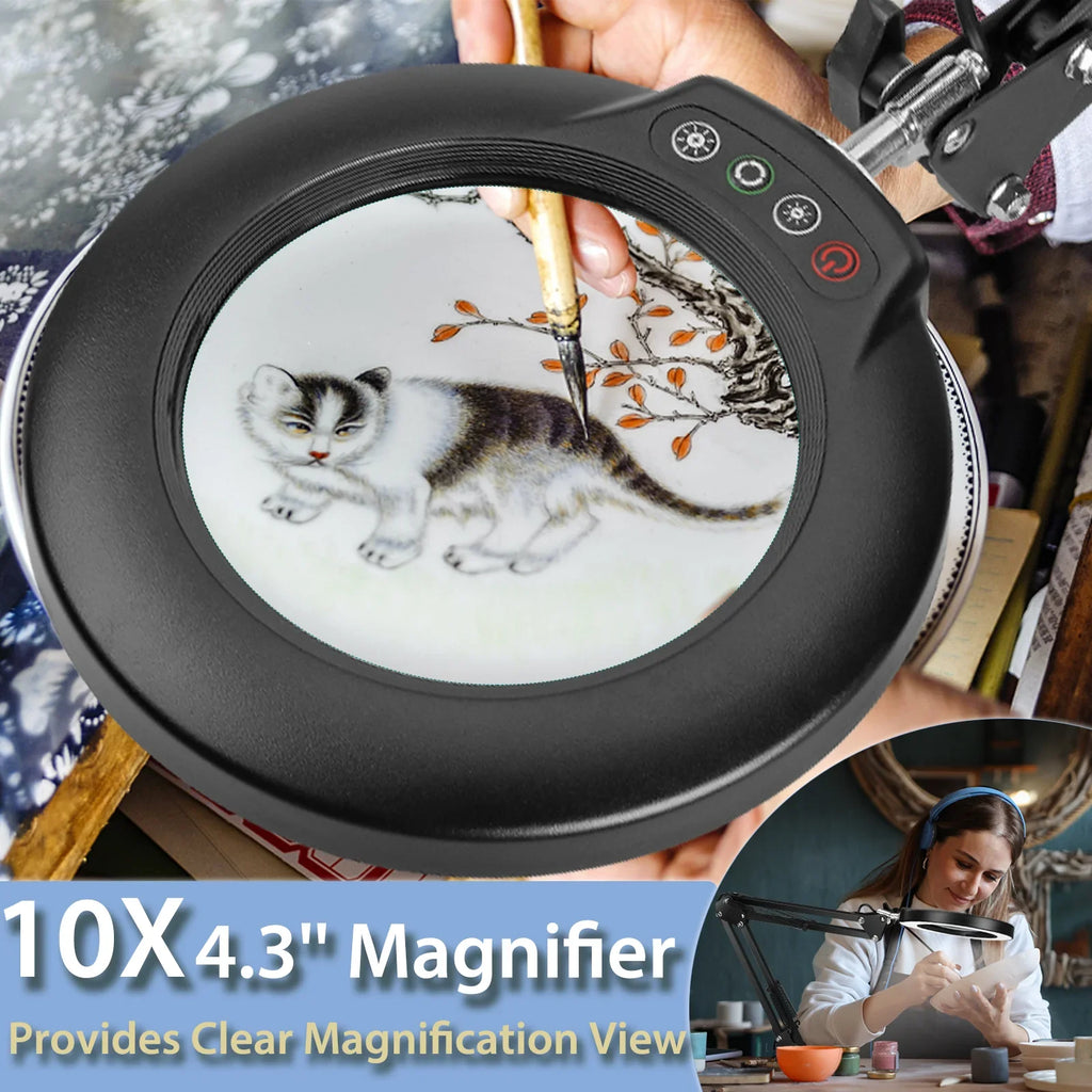 10X Magnifying Glass with Light and Stand, 2-in-1  Magnifying Desk Lamp with Clamp, 5 Color Modes Stepless Dimmable, Hands Free Lighted Magnifier for Craft, Painting, Close Work, Sewing