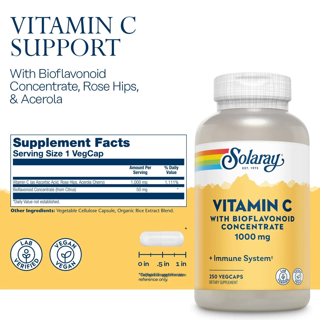 Solaray Vitamin  with Bioflavonoid Concentrate 1000mg, Healthy Immune Function, Skin, Hair & Nails Support, 250 VegCaps