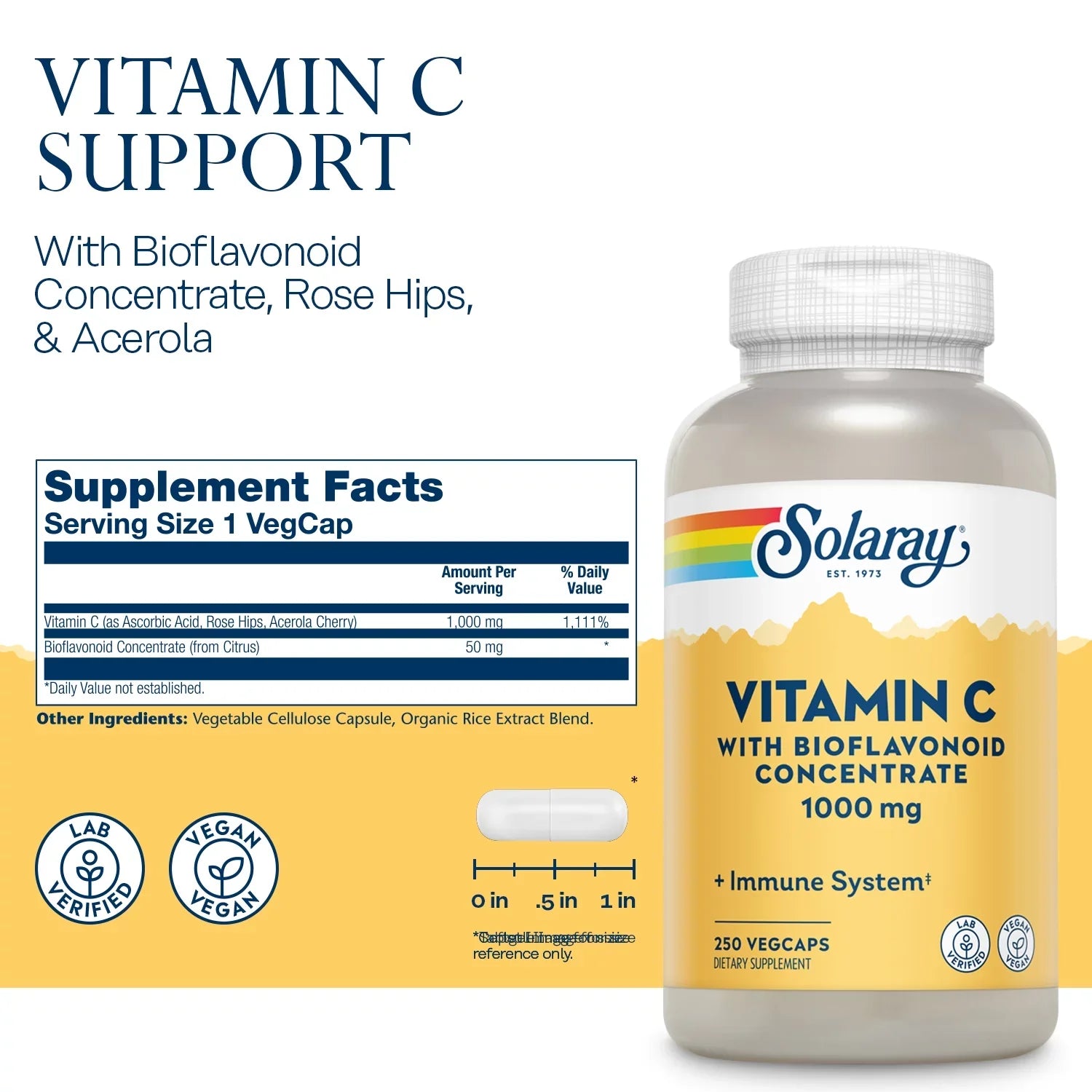 Solaray Vitamin  with Bioflavonoid Concentrate 1000mg, Healthy Immune Function, Skin, Hair & Nails Support, 250 VegCaps