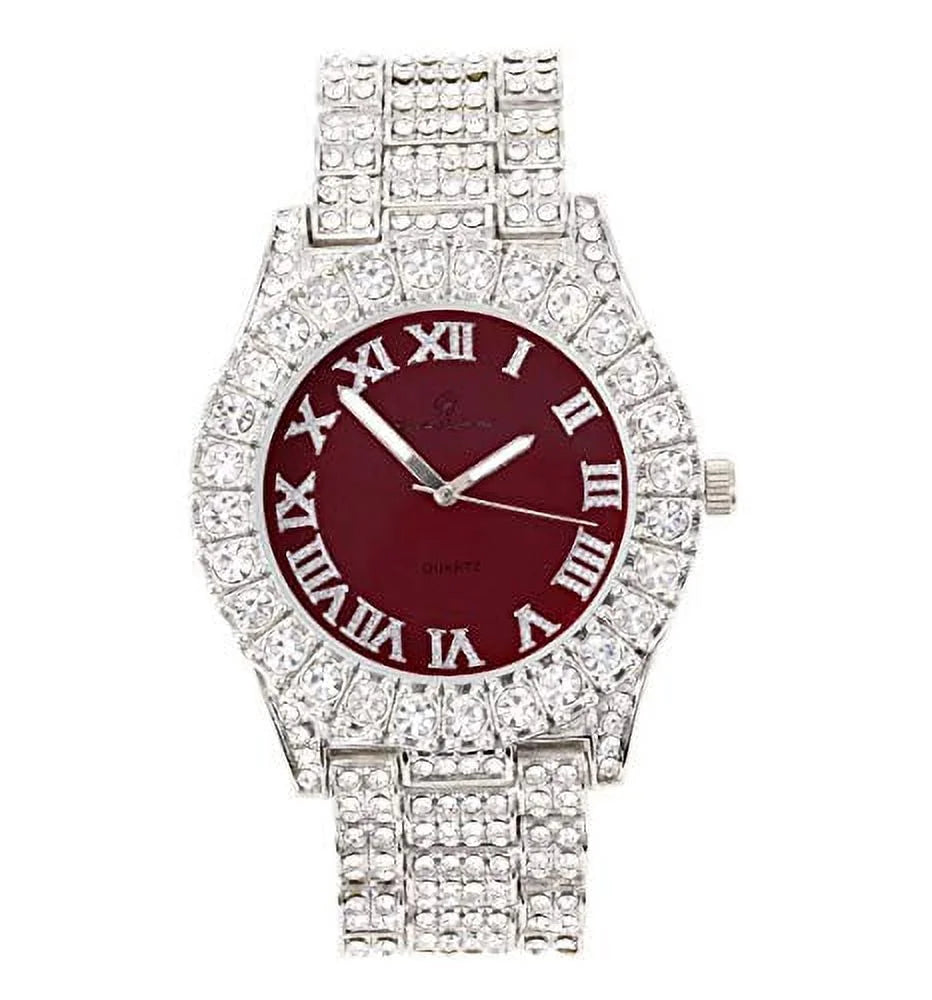Women's Big Rocks Bezel Colored Dial with Roman Numerals Fully Iced Out Watch -  (Silver - Burgundy)