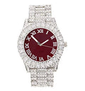 Women's Big Rocks Bezel Colored Dial with Roman Numerals Fully Iced Out Watch -  (Silver - Burgundy)