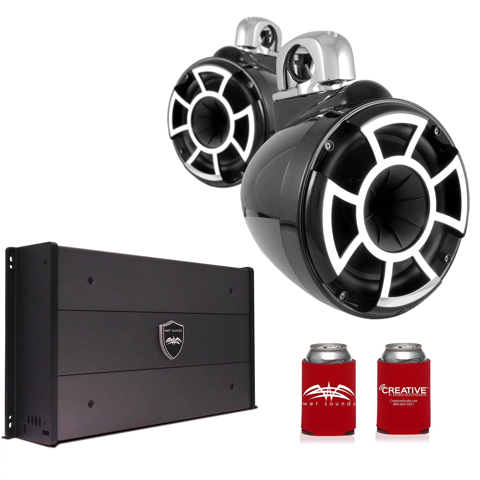 Wet Sounds - 8" Black Tower Speakers with Stainless Steel Fixed Mini Clamps & -.3 1200 Watt Amplifier