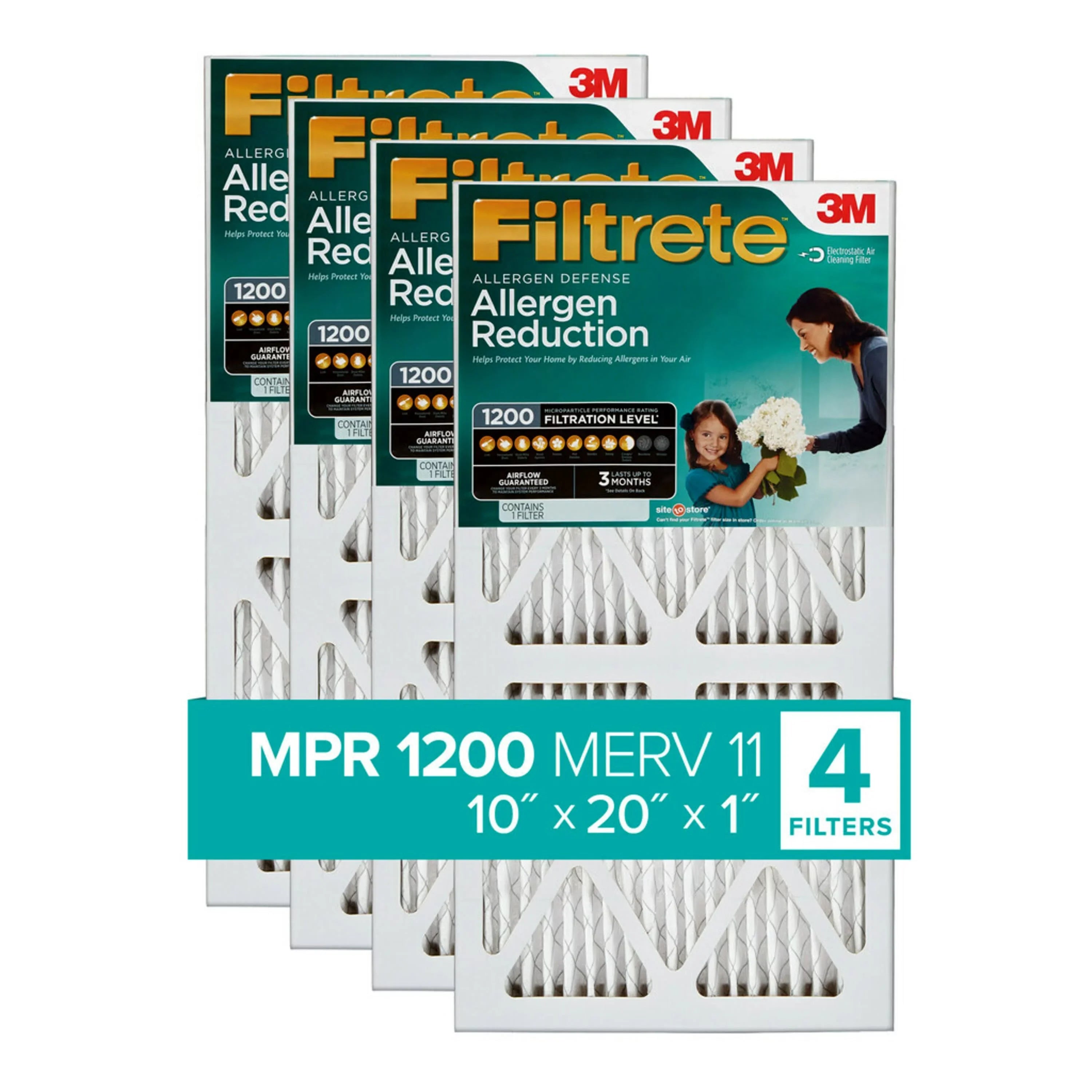Filtrete by 3M 10x20x1,  11, Allergen Reduction  Furnace Air Filter, 1200 , 4 Filters
