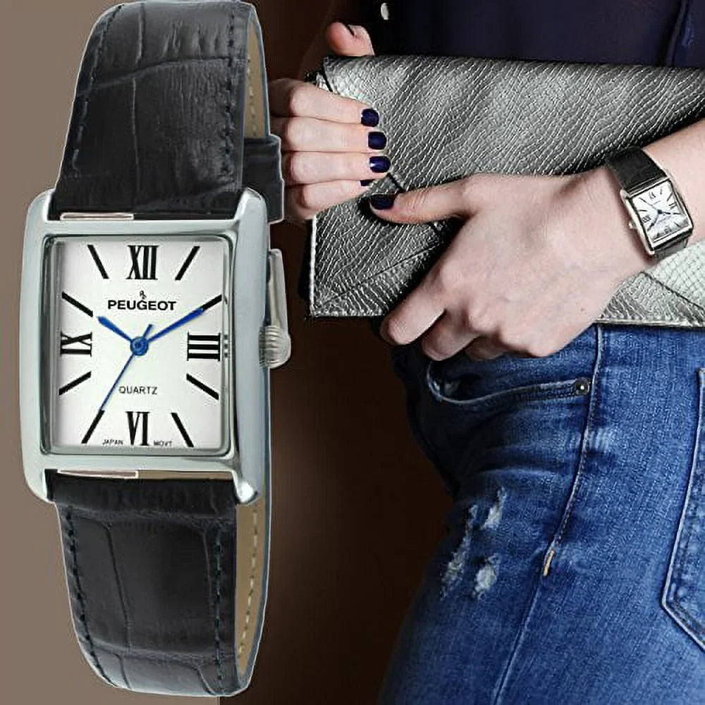 peugeot women's silver tank roman numeral blue leather band watch 3036bl