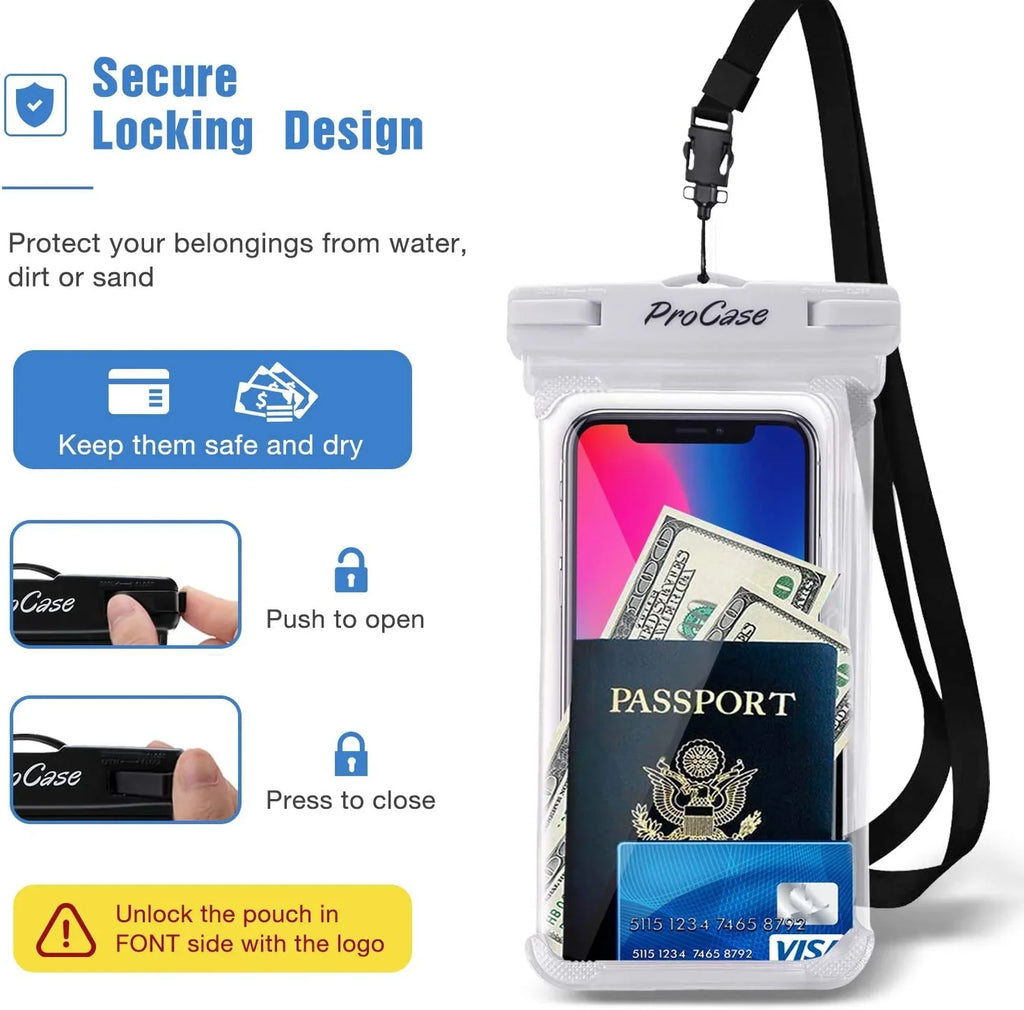 2 Pack ProCase Waterproof Phone Case Dry Bag Pouch, for iPhone 14 Plus Pro Max, iPhone 13 12 Pro Max, 11 Xs Max   8 7 6S Plus, Galaxy  +  , Up to 7.0 inch -White/Black