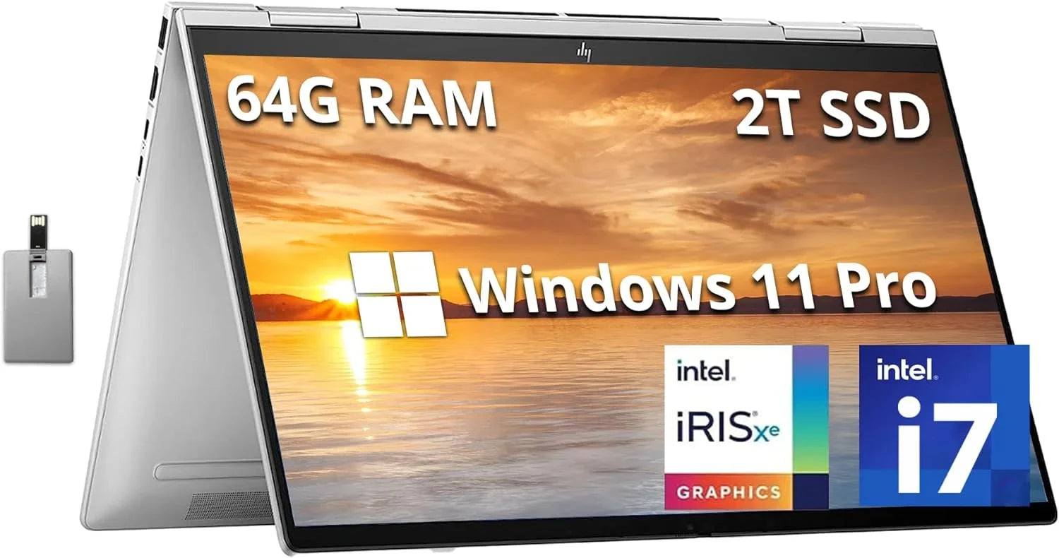 Envy x360 2-in-1 15.6"  Touchscreen Laptop, Intel Core i7-1260p, 64GB , 2TB , Backlit ,  Webcam, Intel Iris Xe Graphics, Wi-Fi, Bluetooth, Win 11 Pro, Silver, 32GB  Card
