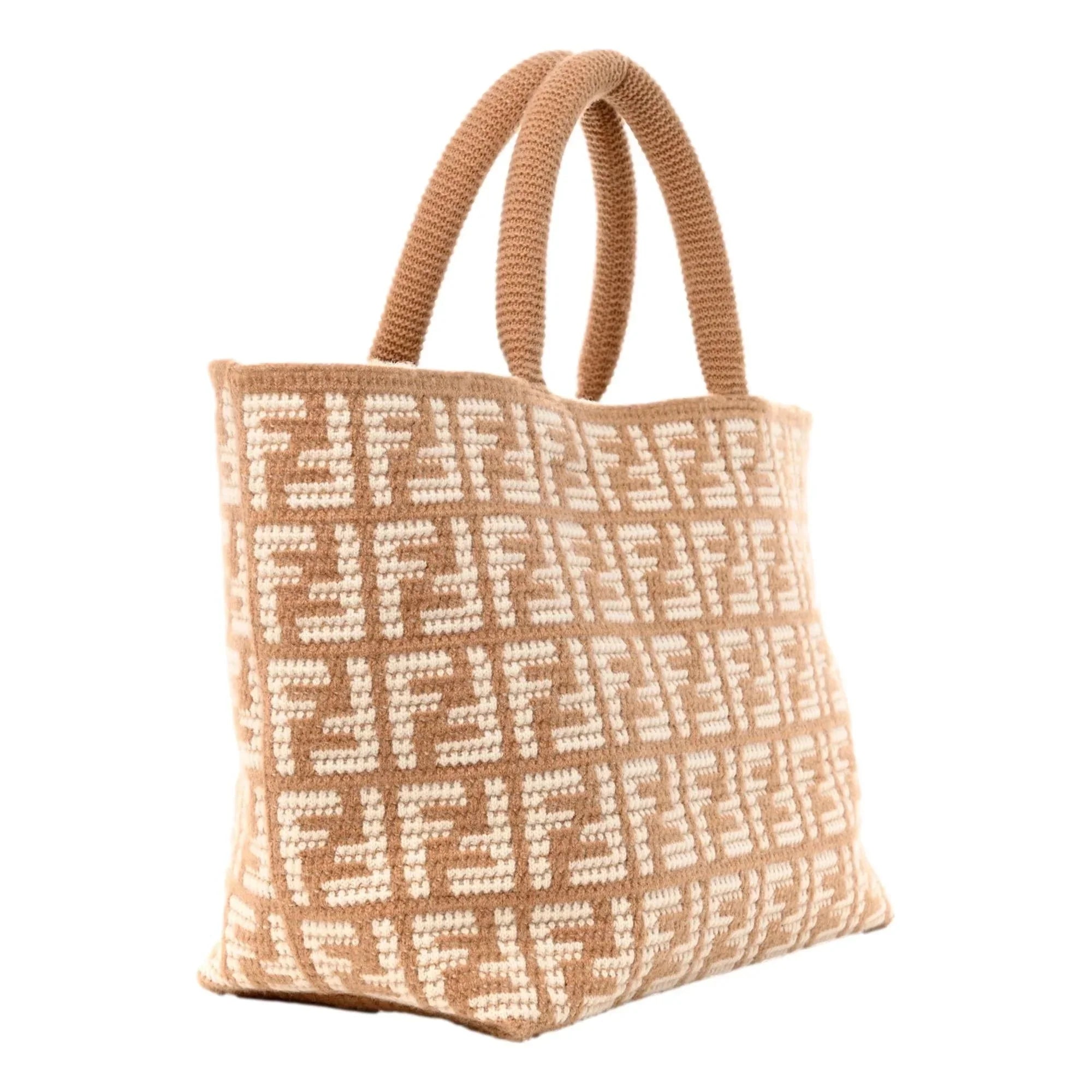 Fendi  Cammello Beige Knitted Cashmere Large Shopper Tote Bag