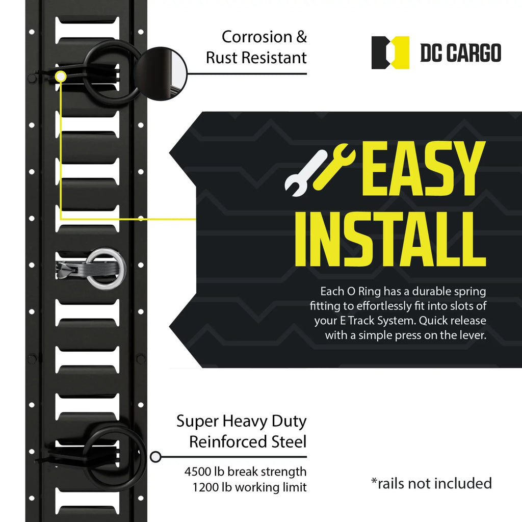 "20 -Track  Ring Tie-Down Anchors w/  Track Spring Fittings, Steel, Tie Down Cargo Loads to ETrack TieDown System Rails in Enclosed/Flatbed Trailer, Truck, Van, Pickup"