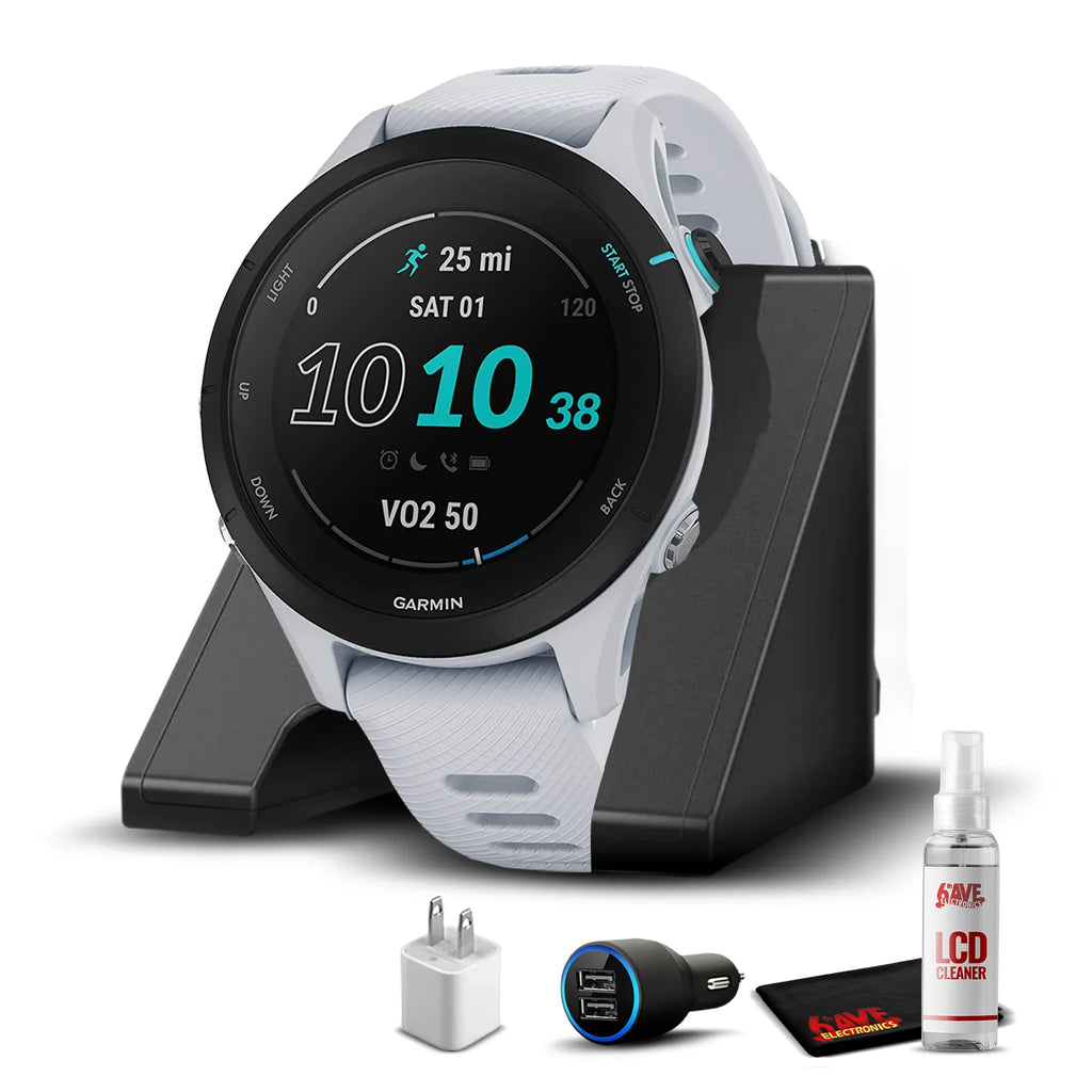Garmin Forerunner 255S Music, Smaller  Running Smartwatch with Music, Advanced Insights, Long-Lasting Battery, Whitestone with Charging Base,  Car/Wall Adapters & 6Ave Cleaning Kit