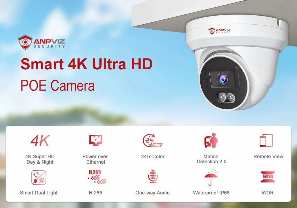 Anpviz 4K PoE Camera Turret 8MP  Camera Outdoor, PoE Security Cameras with  Human Vehicle Detection, Smart Dual Light Color Night Vision 98ft, Built-in Mic, 110° Wide Angle,  Waterproof
