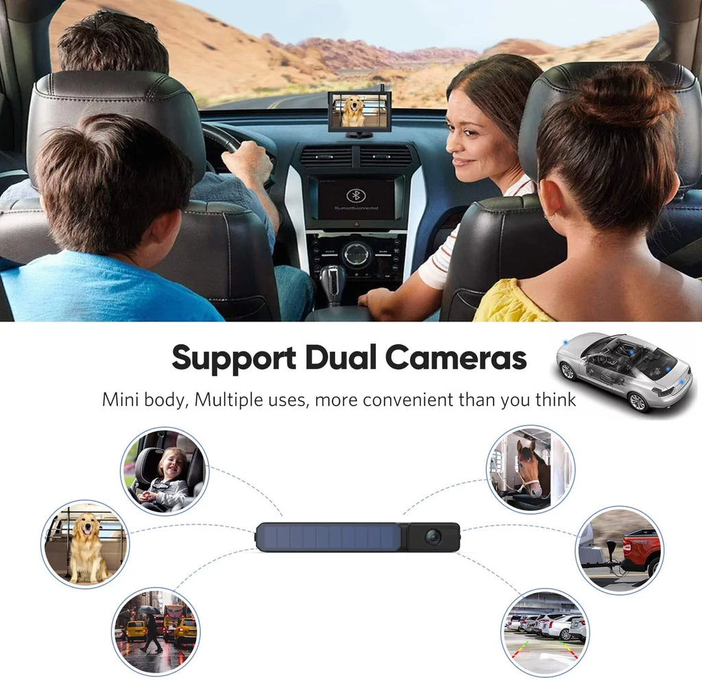 Wireless Backup Camera Solar Rear View Parking System for Car, 2 Channels Reverse Camera Wireless with Monitor Easy Installation,Solar Battery License Plate Camera for Trailer