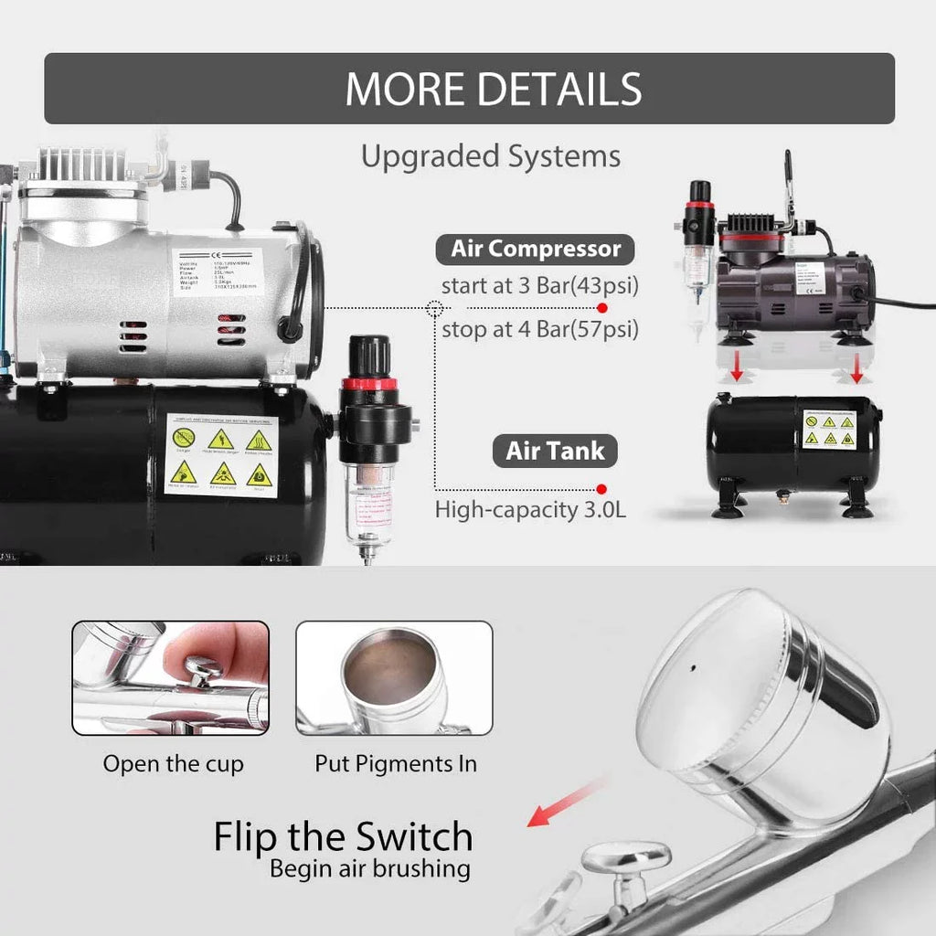 110-120V Professional Airbrushing Paint System with 1/5  Air Compressor and 1 Airbrush Kit for Tattoo Makeup Shoes Cake Decoration