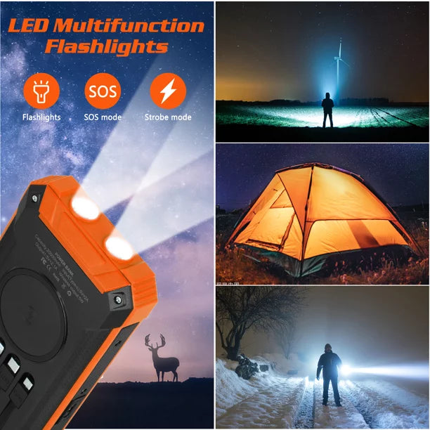 Solar Power Bank 20000mAh Built-in 4 Cables Qi Wireless Charger For   Mega with  Flashlight Solar Portable External Battery  Waterproof 15W 5V/3A   Port 6 Outputs 3 Inputs