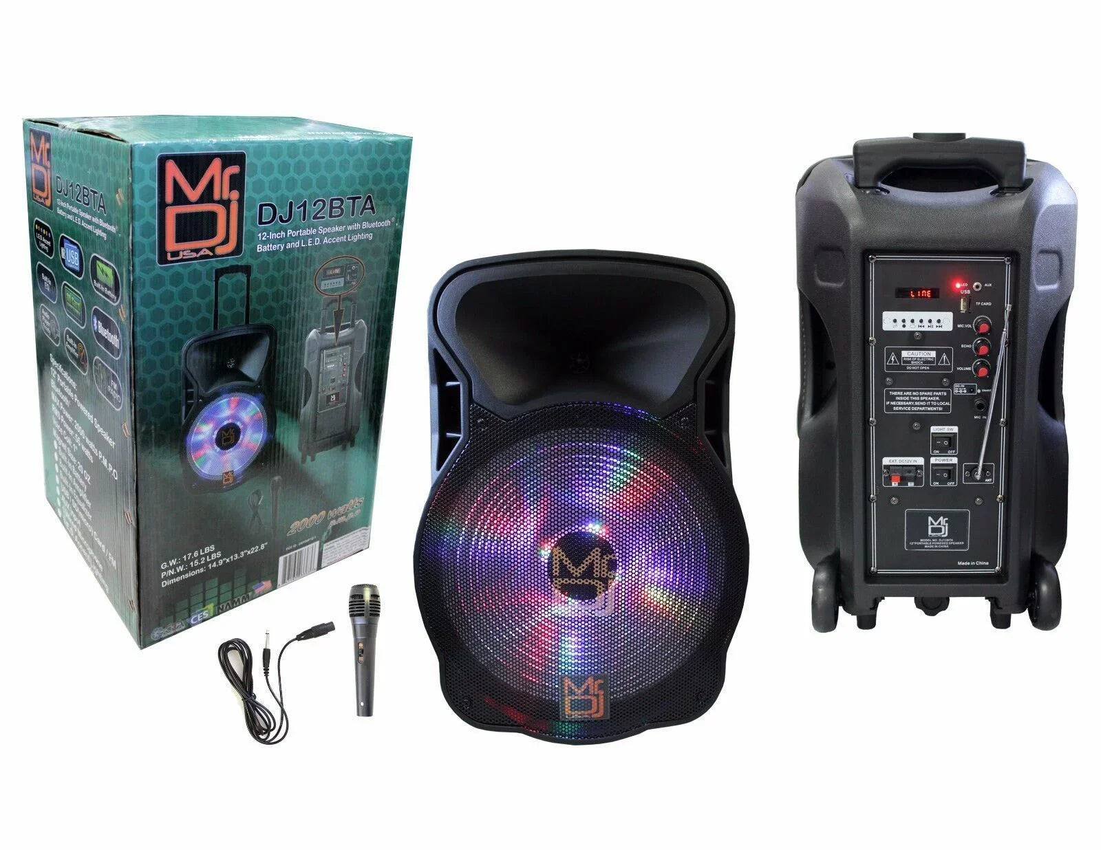 Mr Dj Pro 12" 2000W Bluetooth    Radio Karaoke Battery Speaker Wired Mic