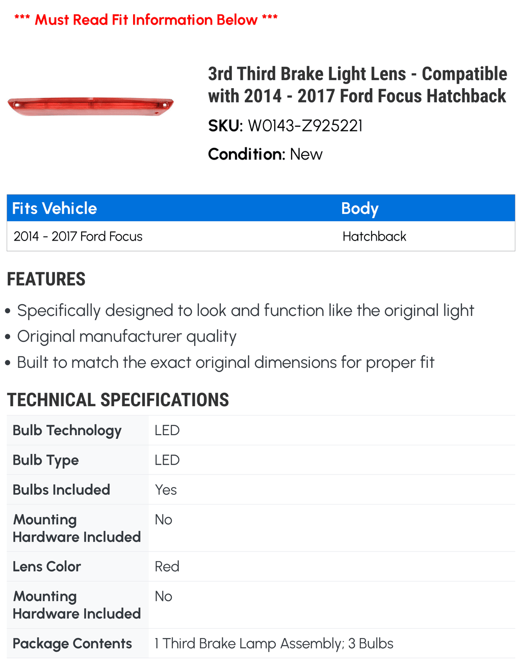 3rd Third Brake Light Lens - Compatible with 2014 - 2017 Ford Focus Hatchback 2015 2016