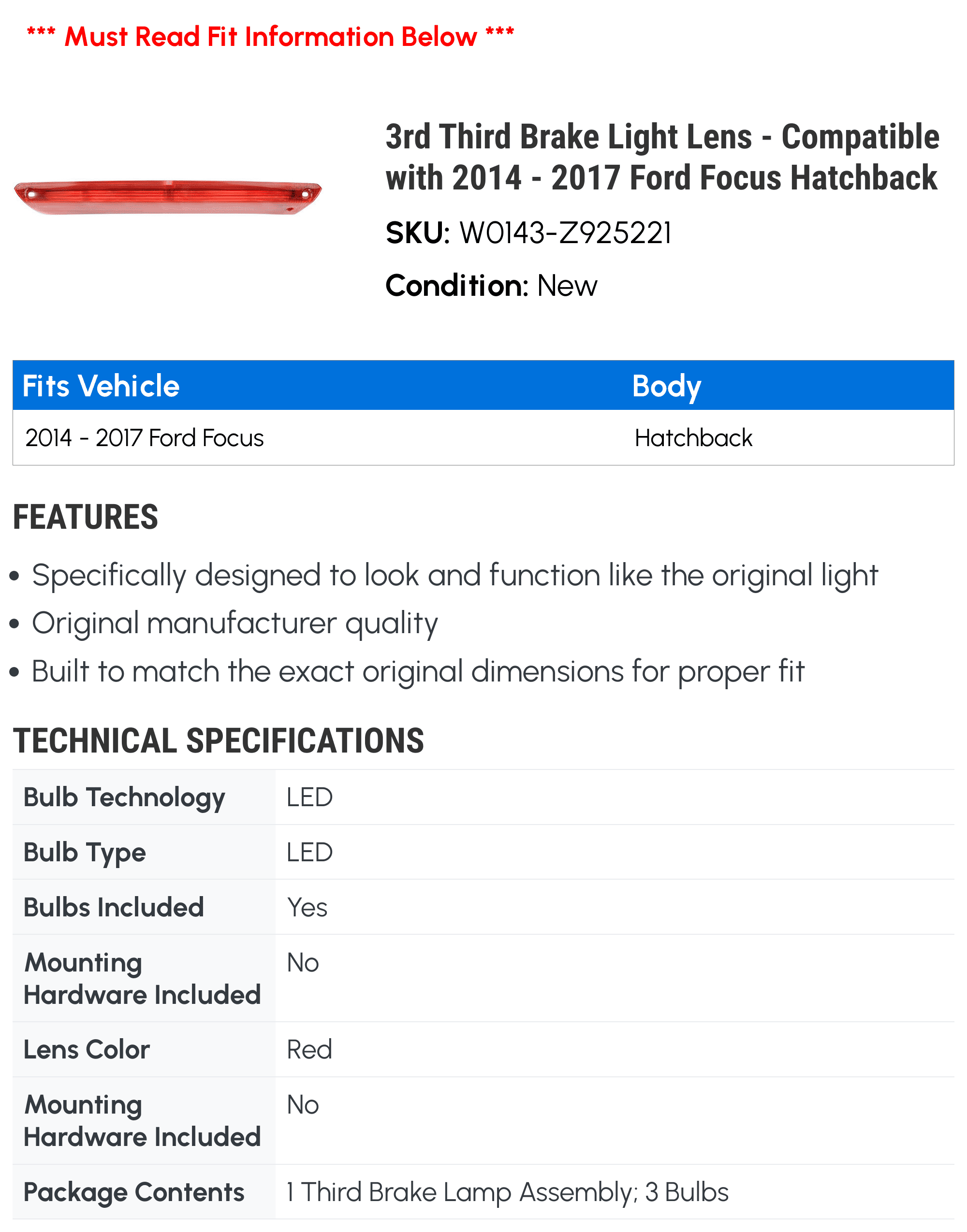 3rd Third Brake Light Lens - Compatible with 2014 - 2017 Ford Focus Hatchback 2015 2016