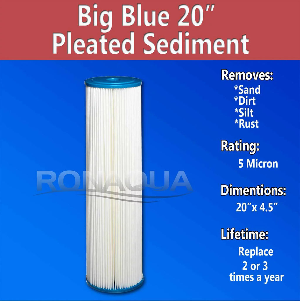 Big Blue Pleated Washable & Reusable Sediment Filter 5 Micron Amplified Surface Area, Removes Sand, Dirt, Silt, Rust, Extended Filter Life for 20" Big Blue Housing, by Ronaqua (Set of 4)