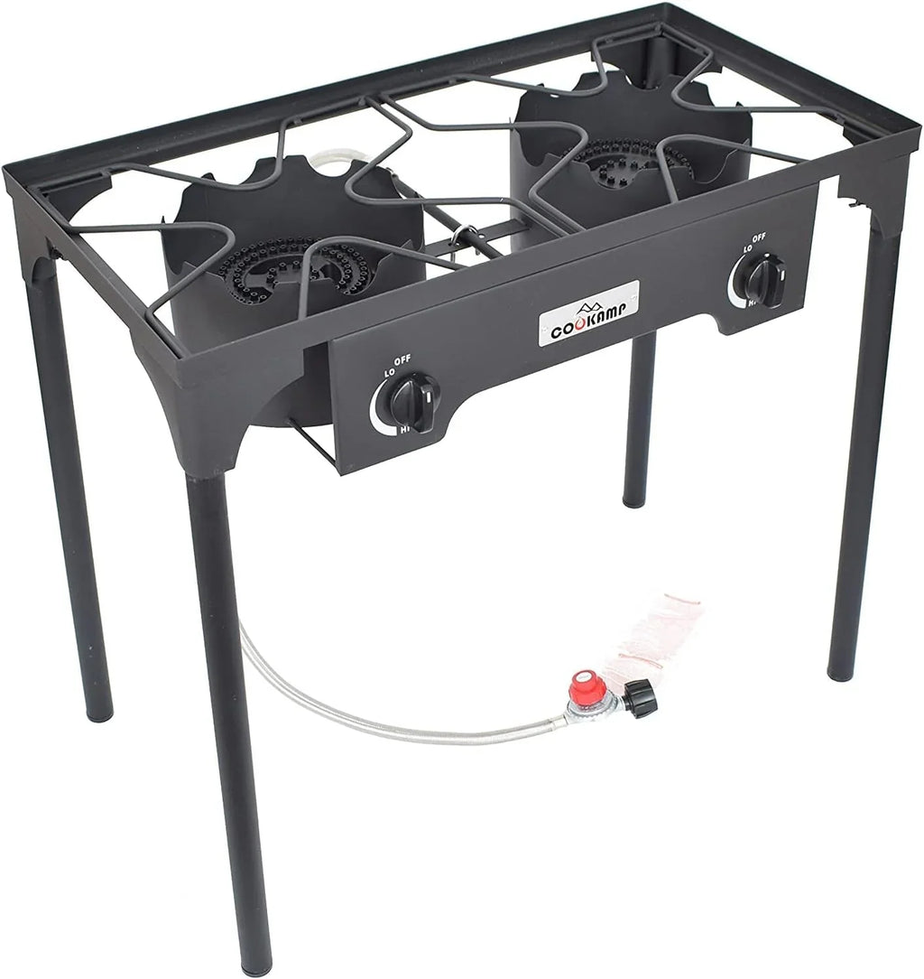 High Pressure Banjo Outdoor Camp Stove with Adjustable Height. 0-20  Adjustable Regulator and Steel Braided Hose (2-Burner)