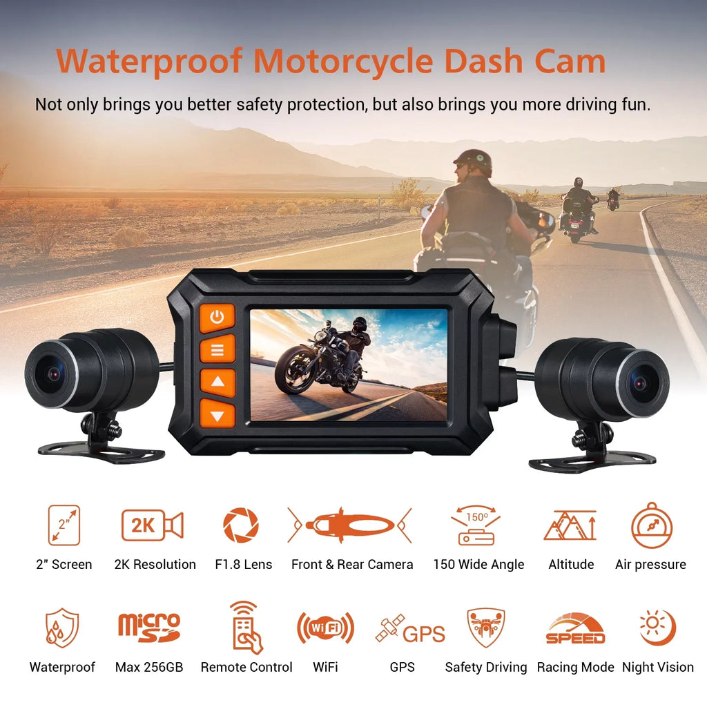 Dual 2K 30fps/1080P 60fps Motorcycle Camera, All Waterproof Dash Cam 3''  Front and Rear 150° Wide Angle with Wired Remote, Wi-Fi, ,  and Race Mode, Max up to 256GB