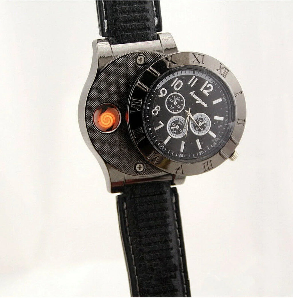 Men's Lighter Watch Flameless Outdoor Windproof  Watch  Rechargeable Rubber Strap Gift