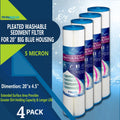 Big Blue Pleated Washable & Reusable Sediment Filter 5 Micron Amplified Surface Area, Removes Sand, Dirt, Silt, Rust, Extended Filter Life for 20" Big Blue Housing, by Ronaqua (Set of 4)