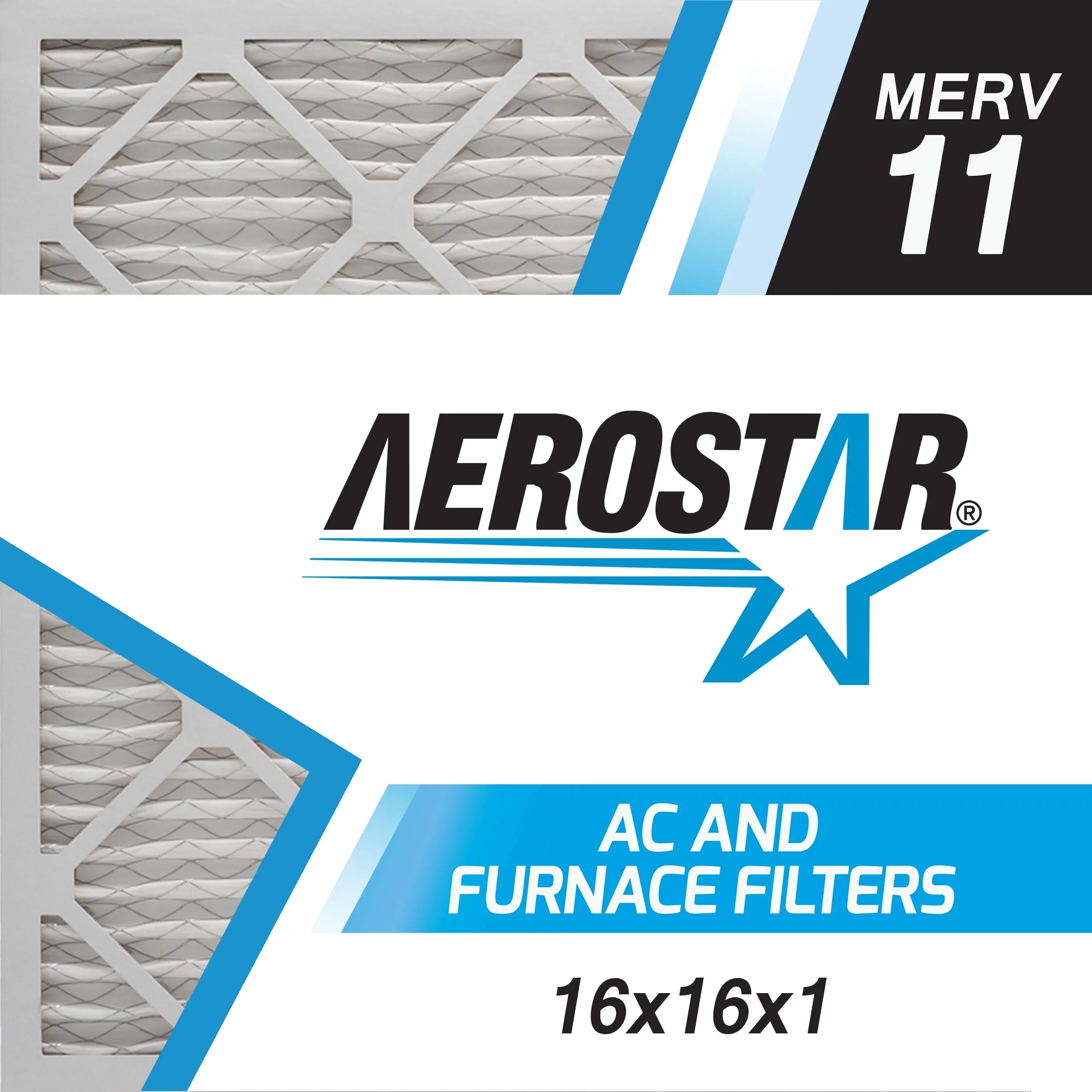 Aerostar 16x16x1  11 Pleated Air Filter,  Furnace Air Filter, 2 Pack