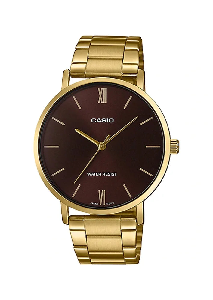 Casio --5B Men's Gold Tone Minimalistic Burgundy Dial Analog Watch