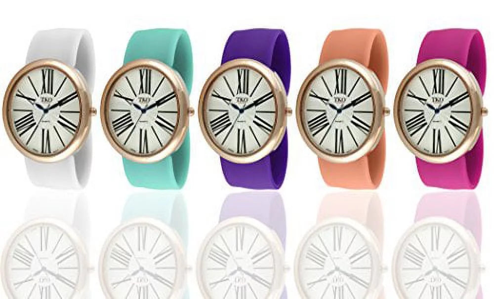 Interchangeable 5 Band Slap Watch Gift Set Rose Gold Large Roman Numeral Dial